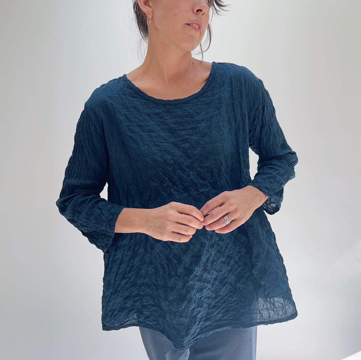 3/4 Sleeve A-Line Grid Top in Etan