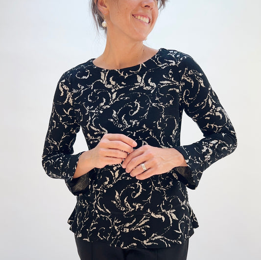 Jacquard Scroll Peplum Top in Dove