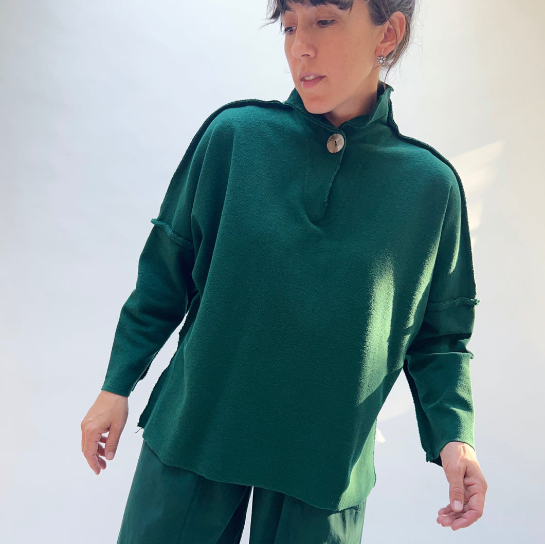 Eleven Stitch | Long Funnel Neck Slub Sweatshirt in Blue Hunter