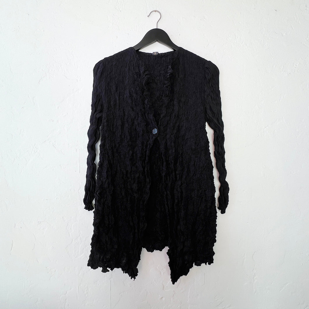 Vanite Couture | Crinkle One Button Cardigan in Black