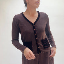 Load image into Gallery viewer, Cut Loose | Velvet and Marble Knit Cropped Pocket Cardigan in Cola
