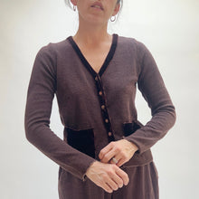 Load image into Gallery viewer, Cut Loose | Velvet and Marble Knit Cropped Pocket Cardigan in Cola
