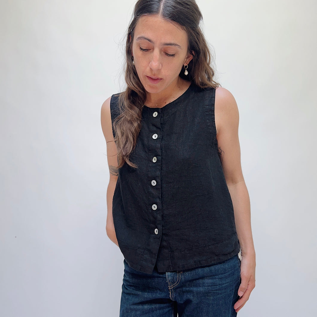 Cut Loose | Linen Button Down Tank in Black