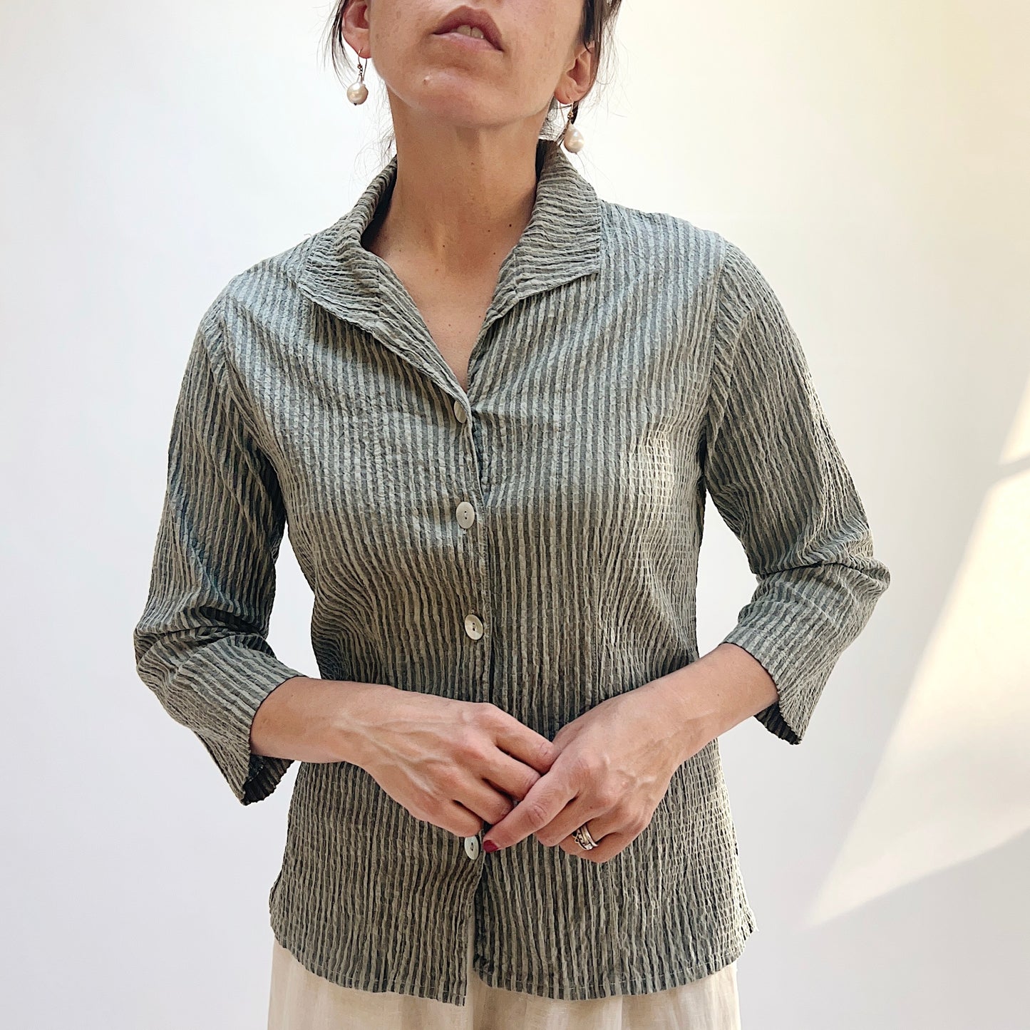 3/4 Sleeve Shirt in Overcast Stripe