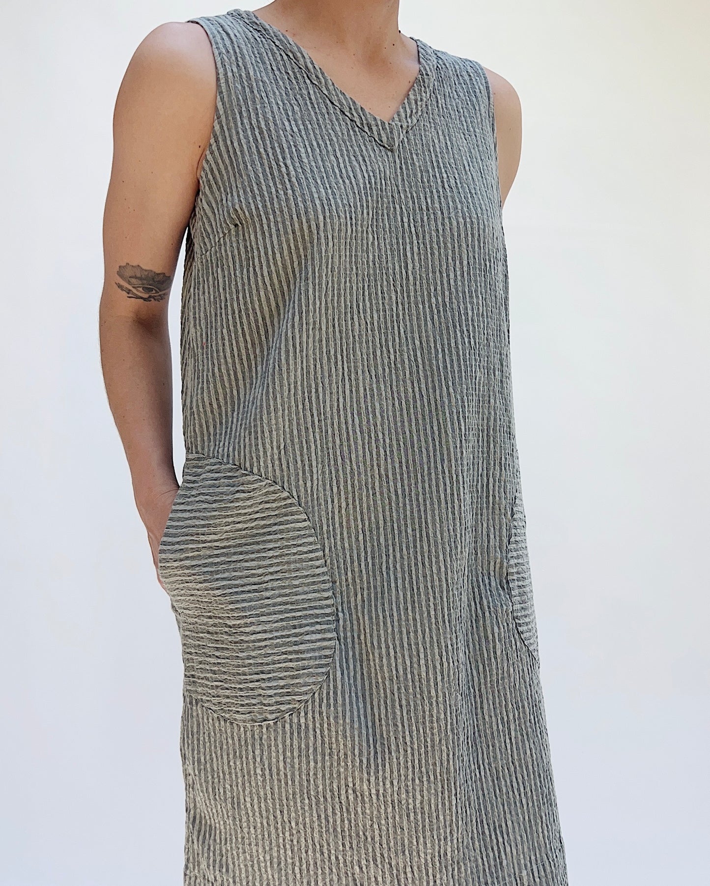 V-Neck Shift Dress in Overcast Stripe
