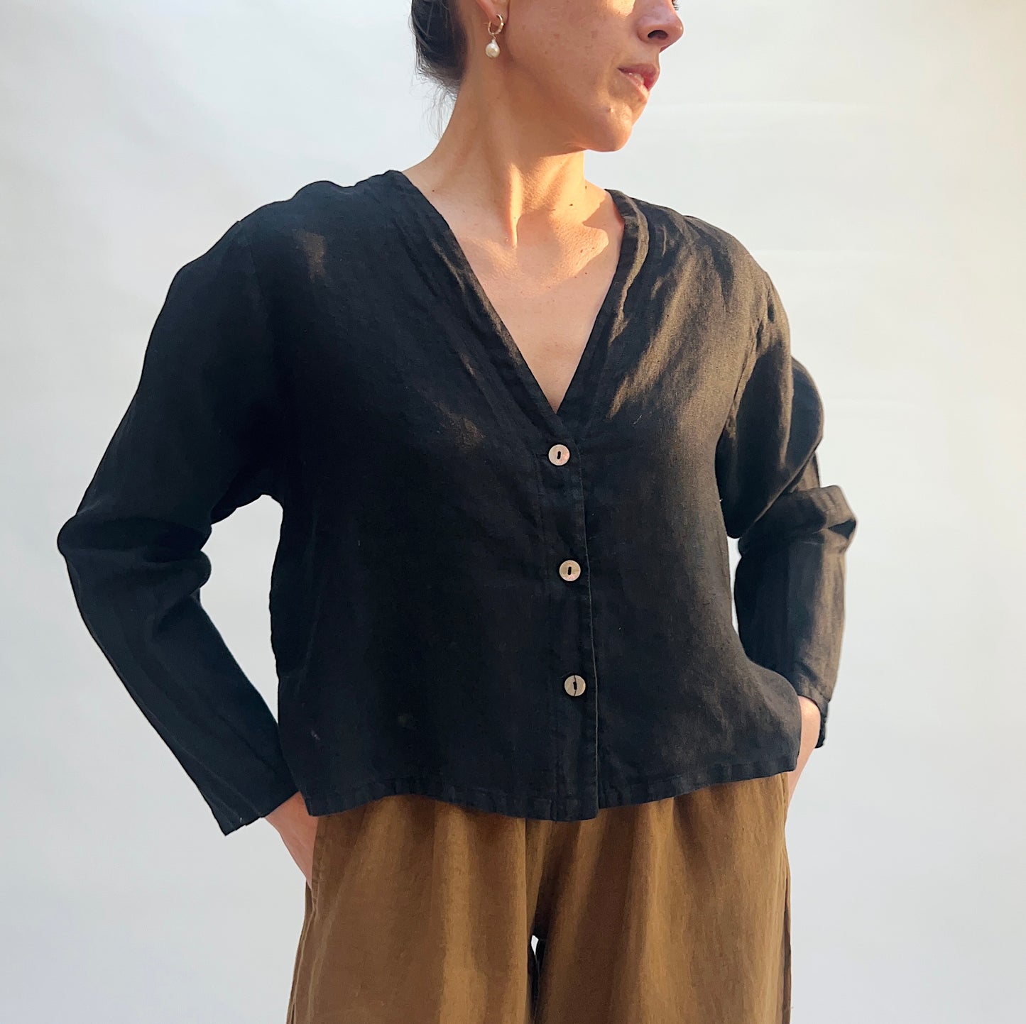 Bryn Walker | Linen Button Front Crop Cardigan in Black