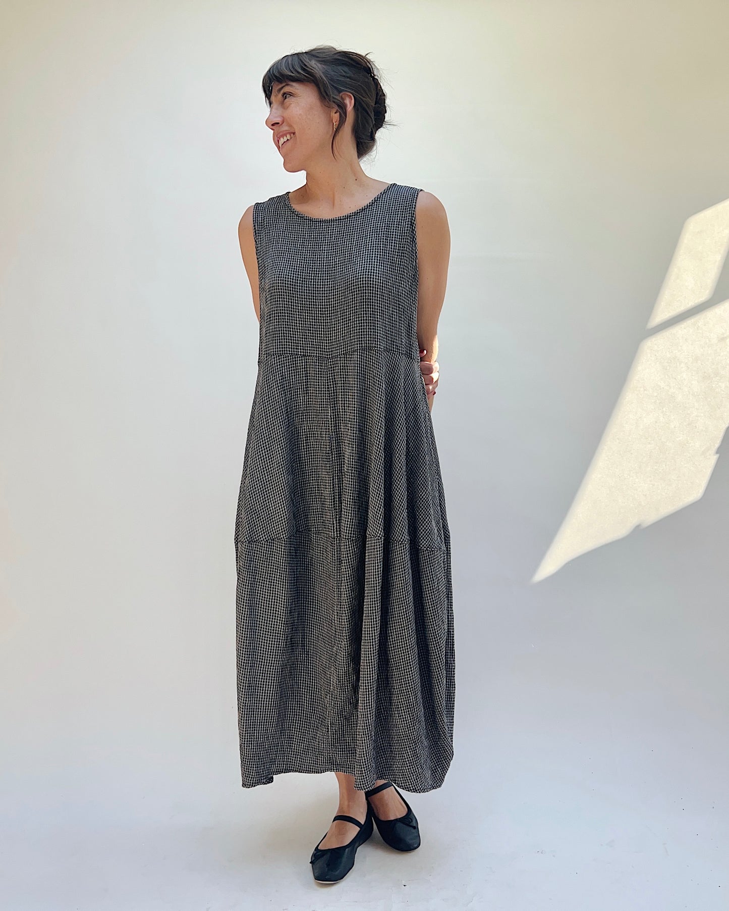 Seamed Bubble Dress in Black Crinkle Mini Check