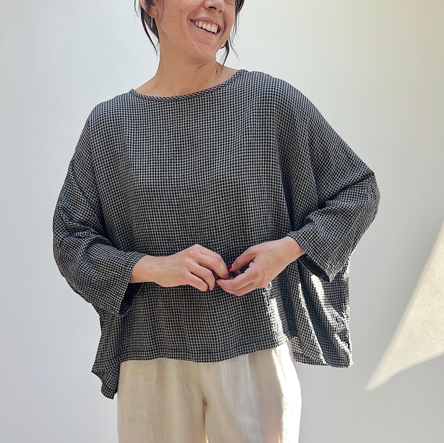 One Size Crop Top in Black Mini Crinkle Check