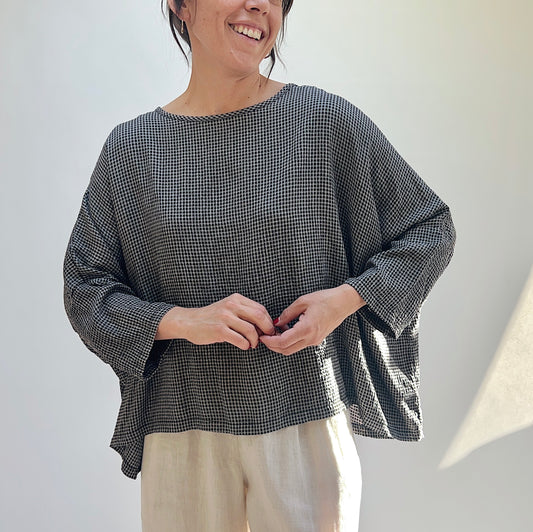 One Size Crop Top in Black Mini Crinkle Check