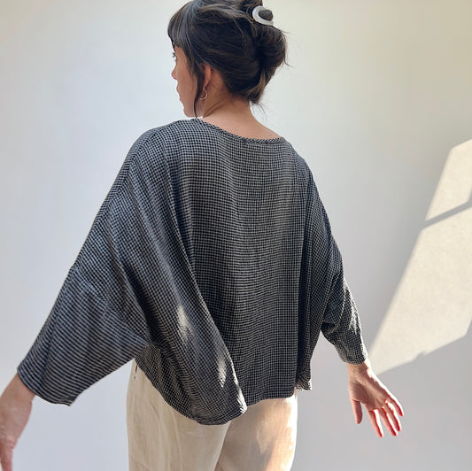 One Size Crop Top in Black Mini Crinkle Check