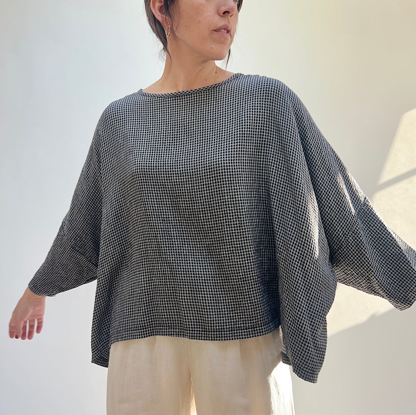 One Size Crop Top in Black Mini Crinkle Check