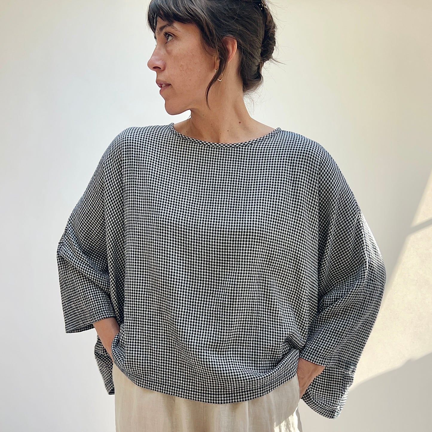 One Size Crop Top in Naval Mini Crinkle Check