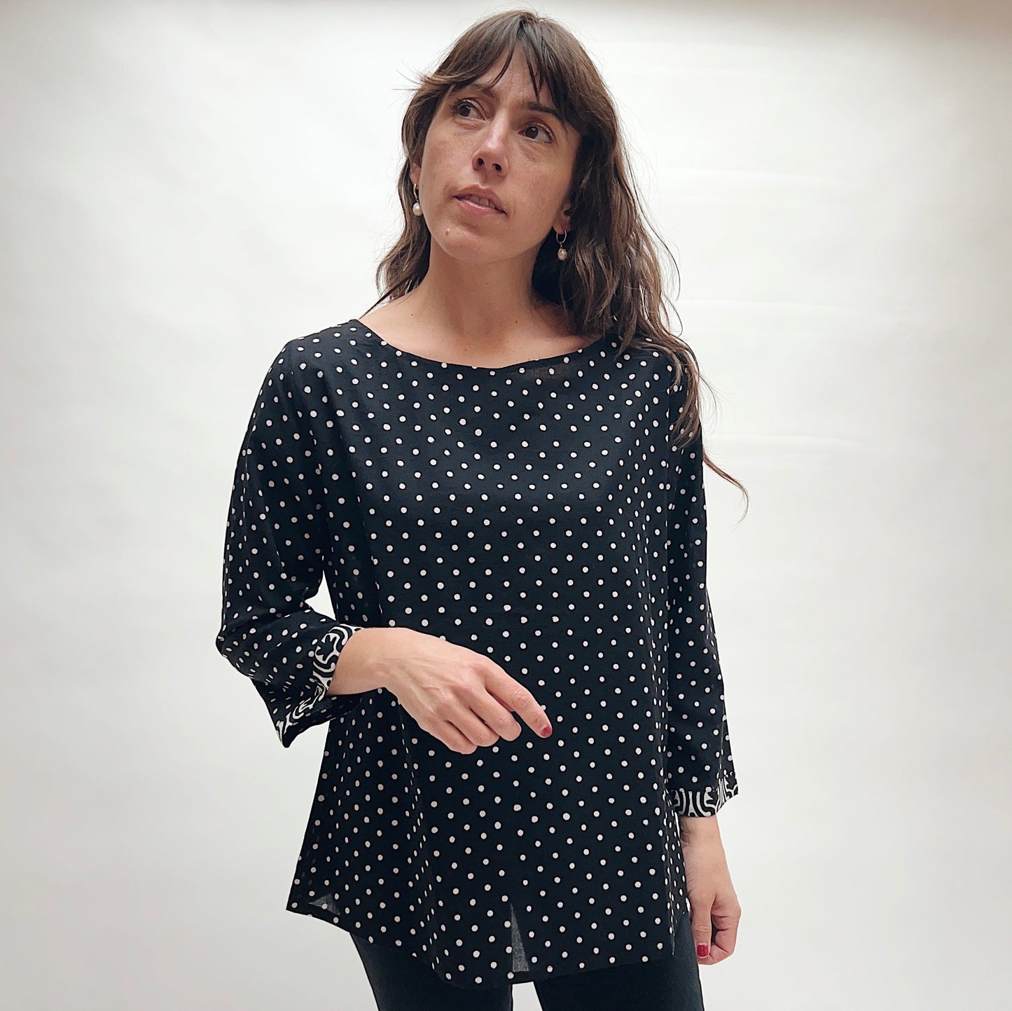 Boat Neck Blouse in Black & White Polka Dot Print