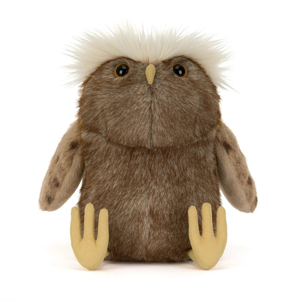 Jellycat Tawoola Owl, straight-on front view showing round eyes, a cream crown, spotted wings, and yellow feet.
