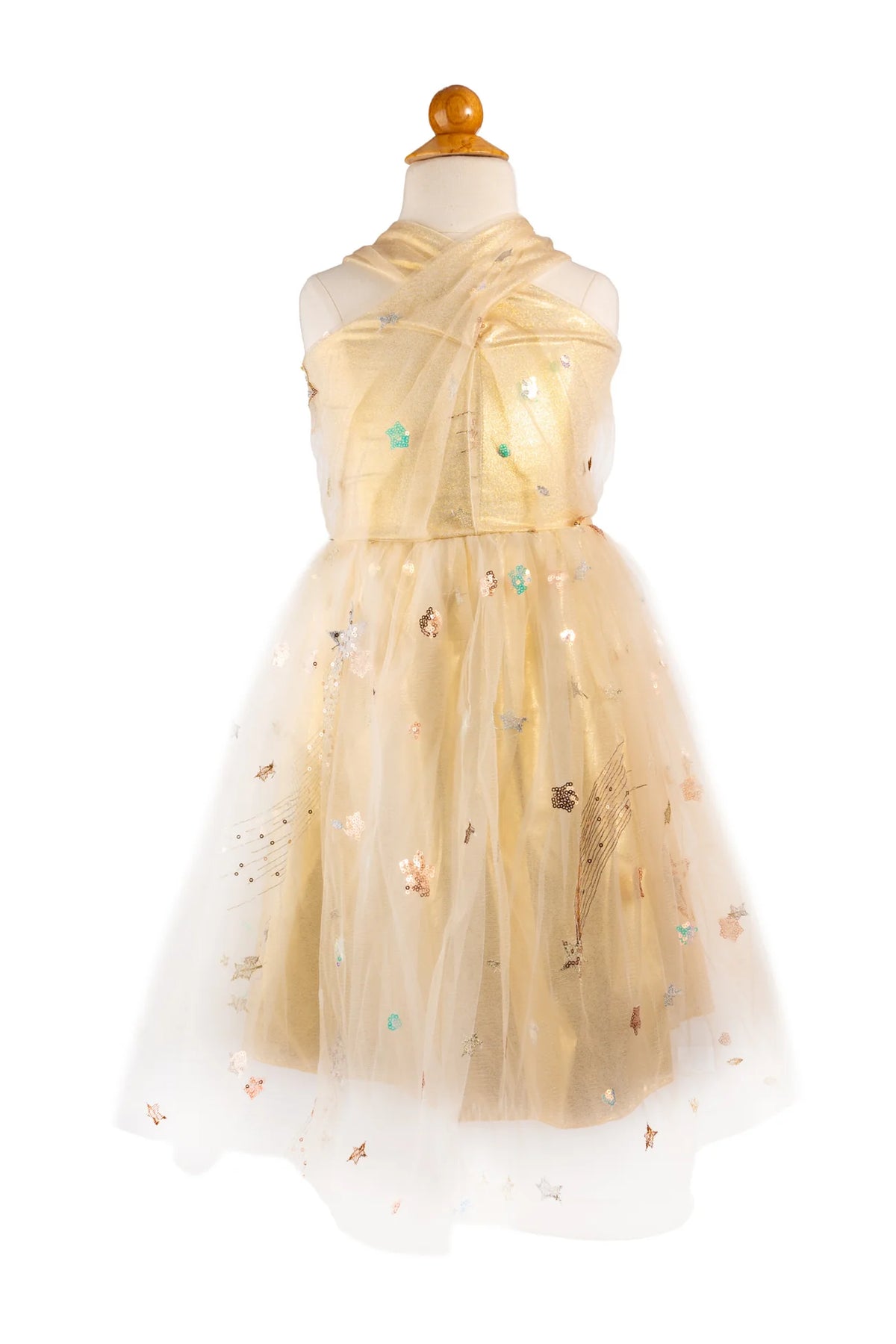 Great Pretenders Eras Dress on a dress form, showing the champagne tulle halter silhouette with crossover neckline, scattered multicolor star sequins, and full layered tulle skirt, on a white background

