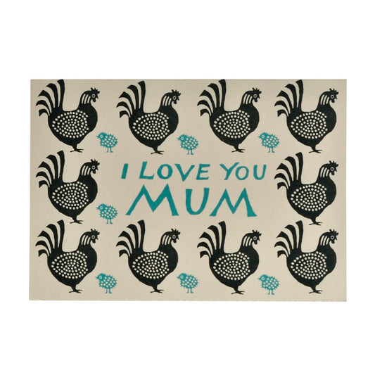Card with black rooster patterns and 'I Love You Mum' text on a cream background