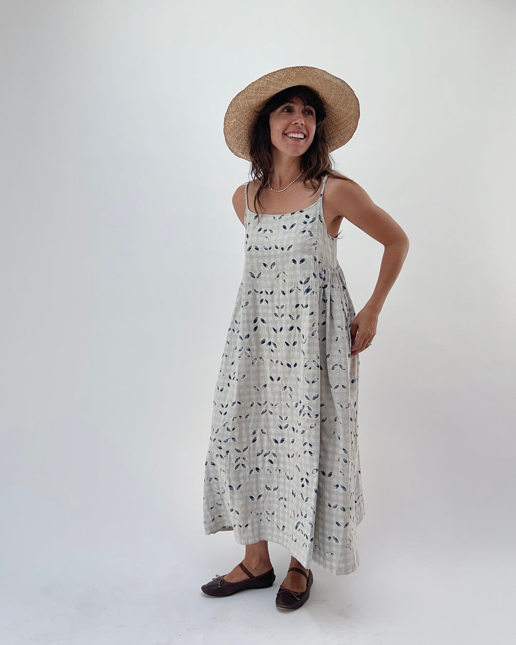 Injiri | Rasa Slip Dress in Indigo Gingham Appliqué