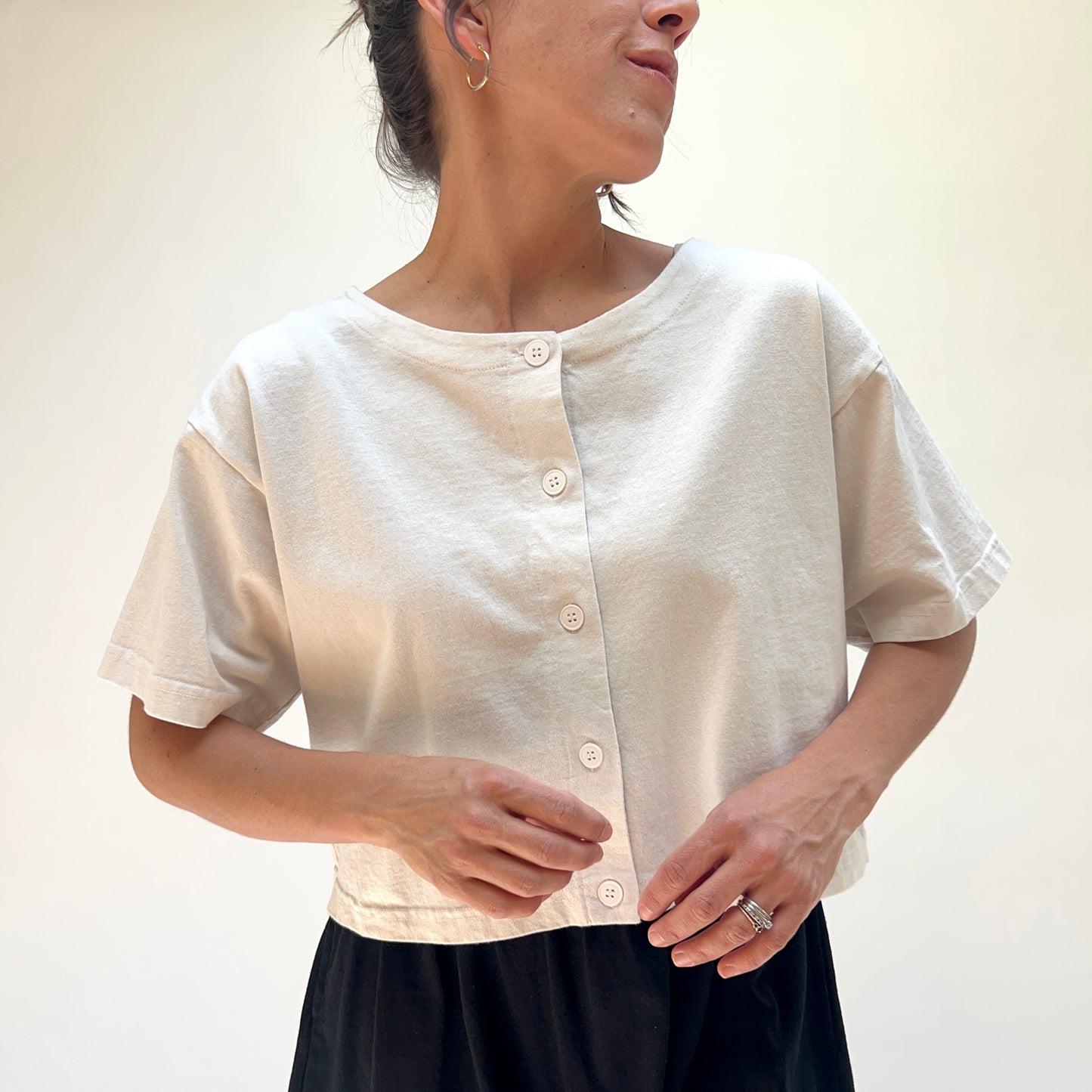 Cropped Button Tee in Cream