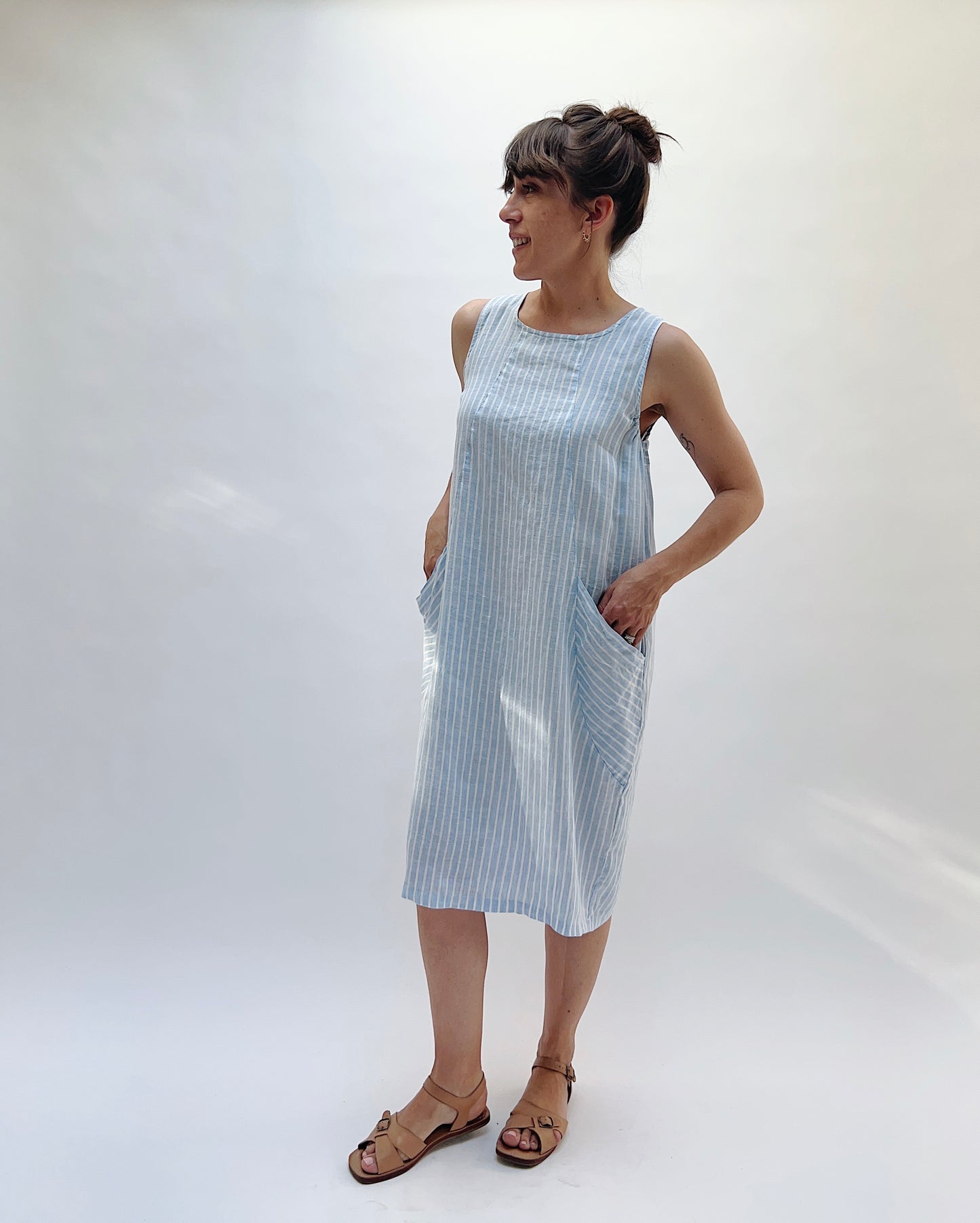 Pocket Shift Dress in Blue Stripes