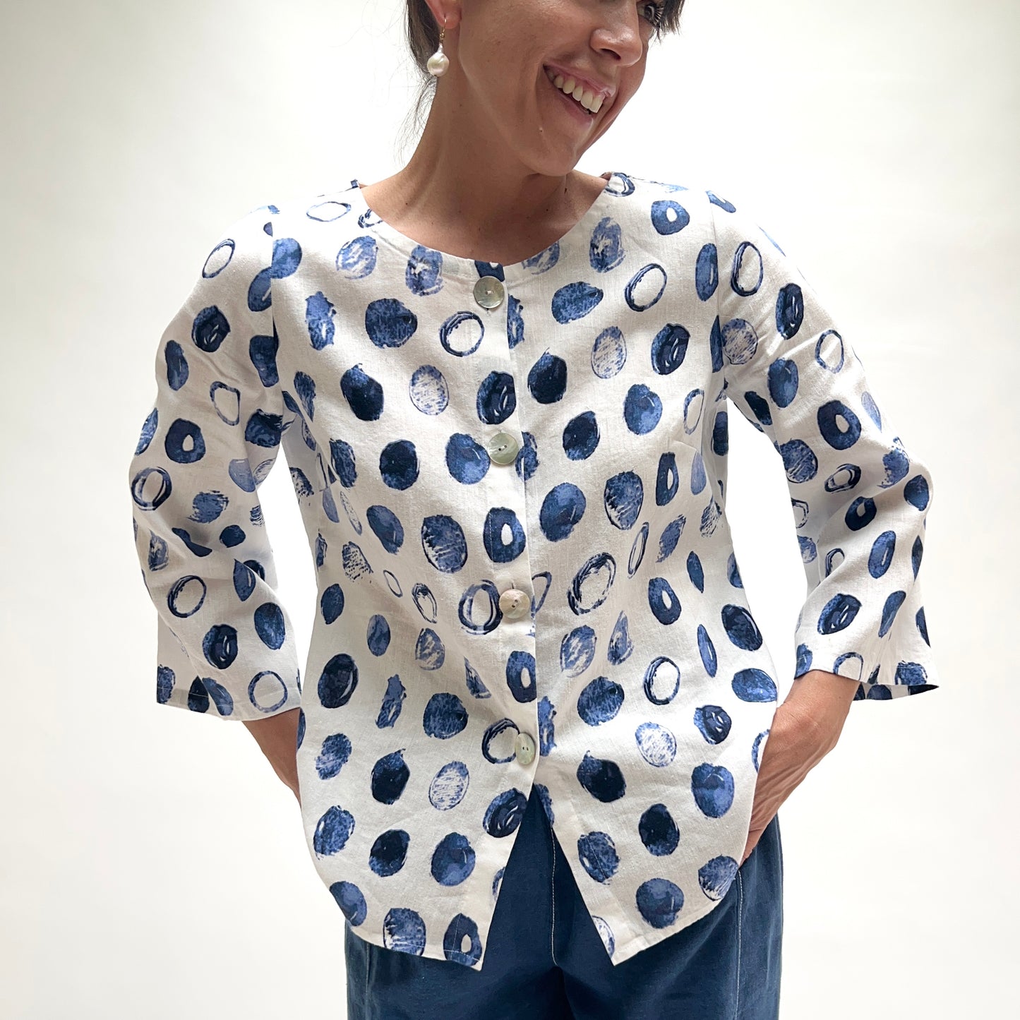 Linen Dot Button Up Blouse in Blue & White