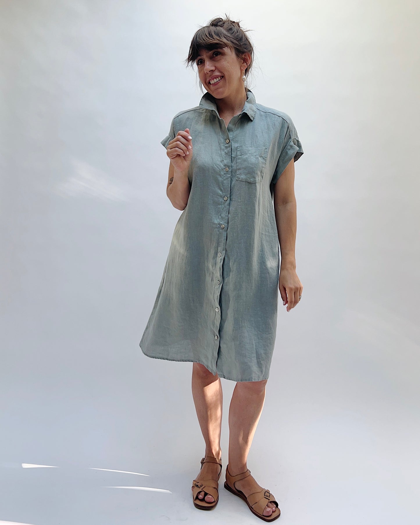 Hanky Linen Cap Sleeve Shirt Dress in Overcast