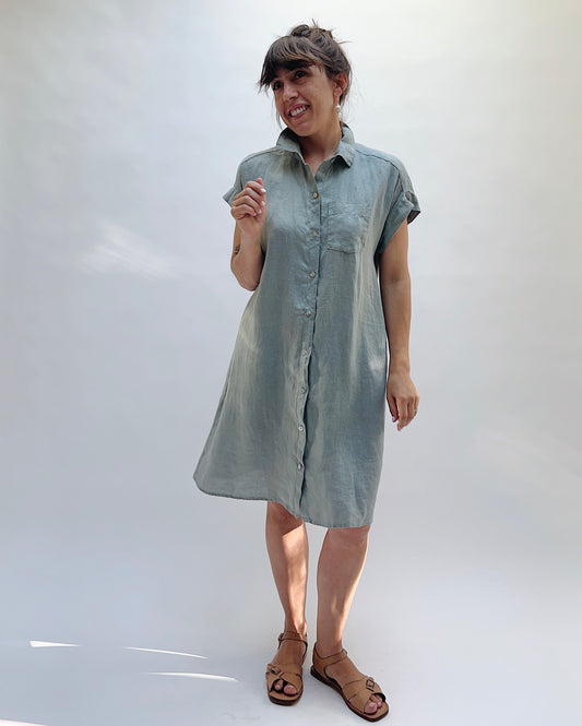 Hanky Linen Cap Sleeve Shirt Dress in Overcast