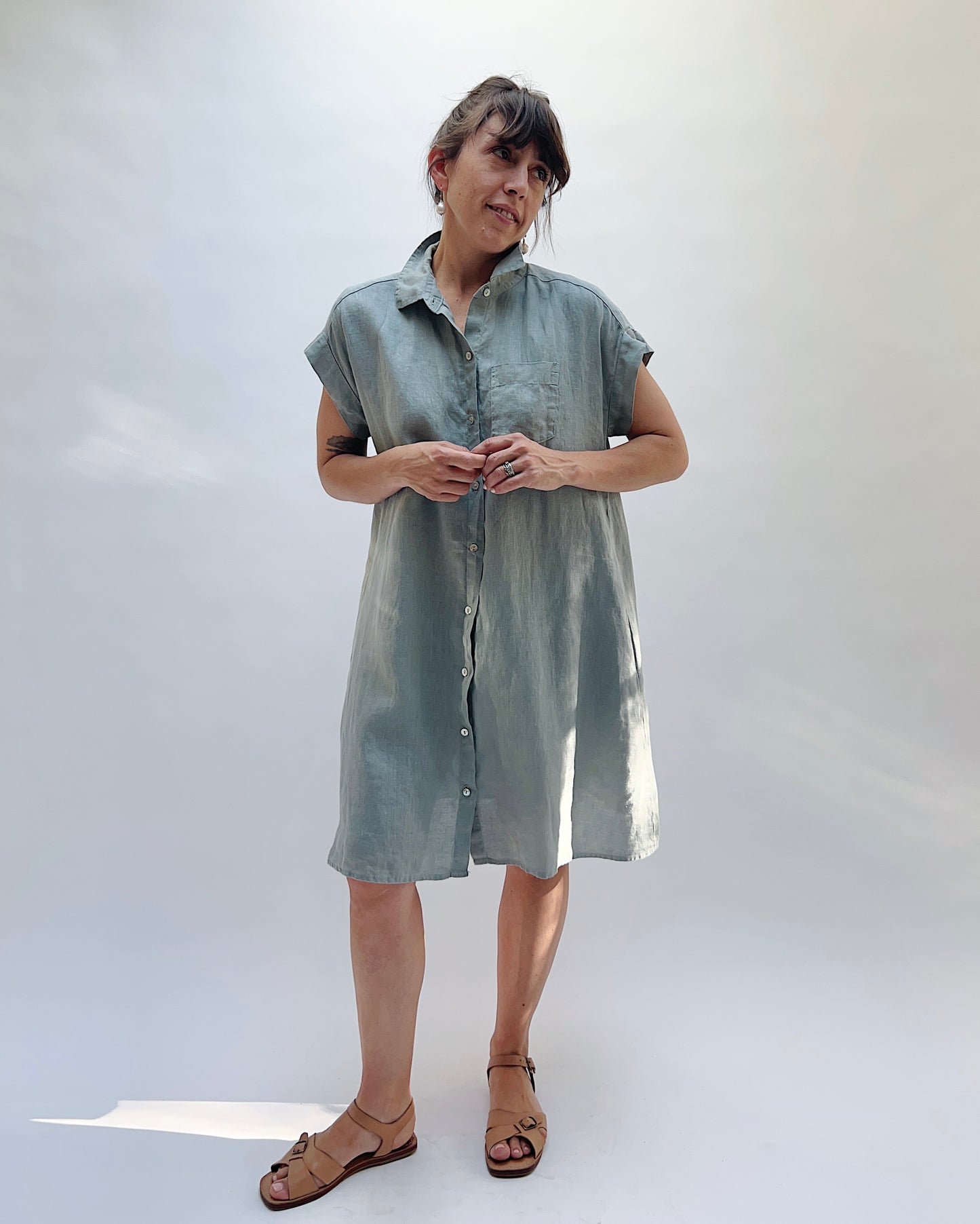 Hanky Linen Cap Sleeve Shirt Dress in Overcast