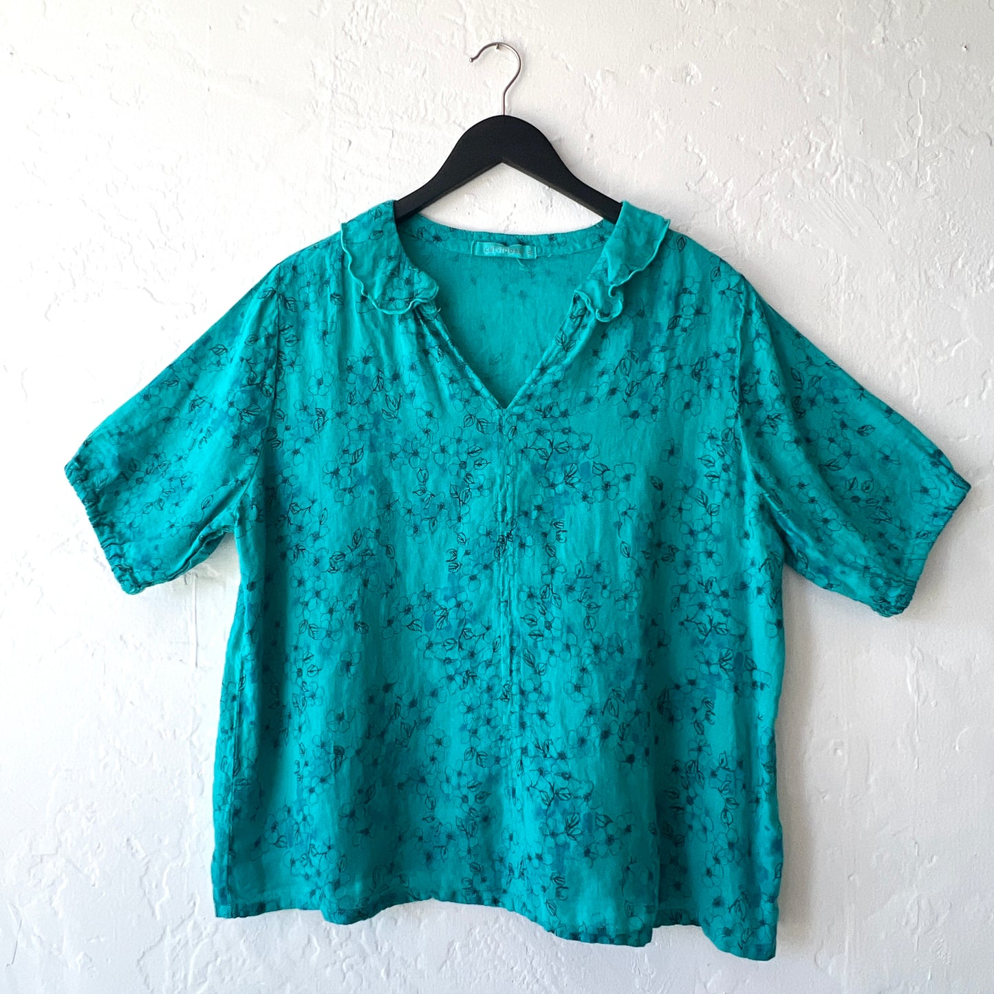 Ruffle Collar Morning Glory Linen Top in Atlantis