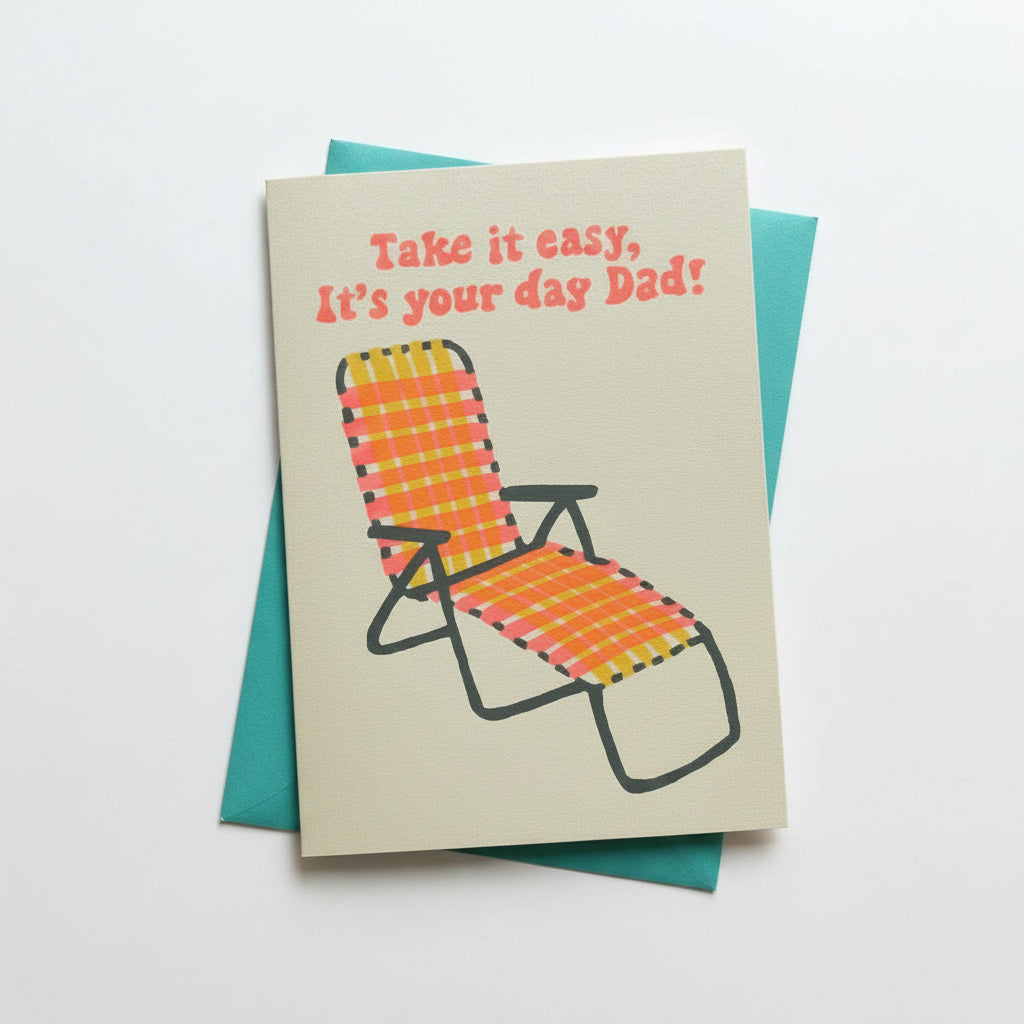 Greeting card with lounge chair illustration and text on a textured surface