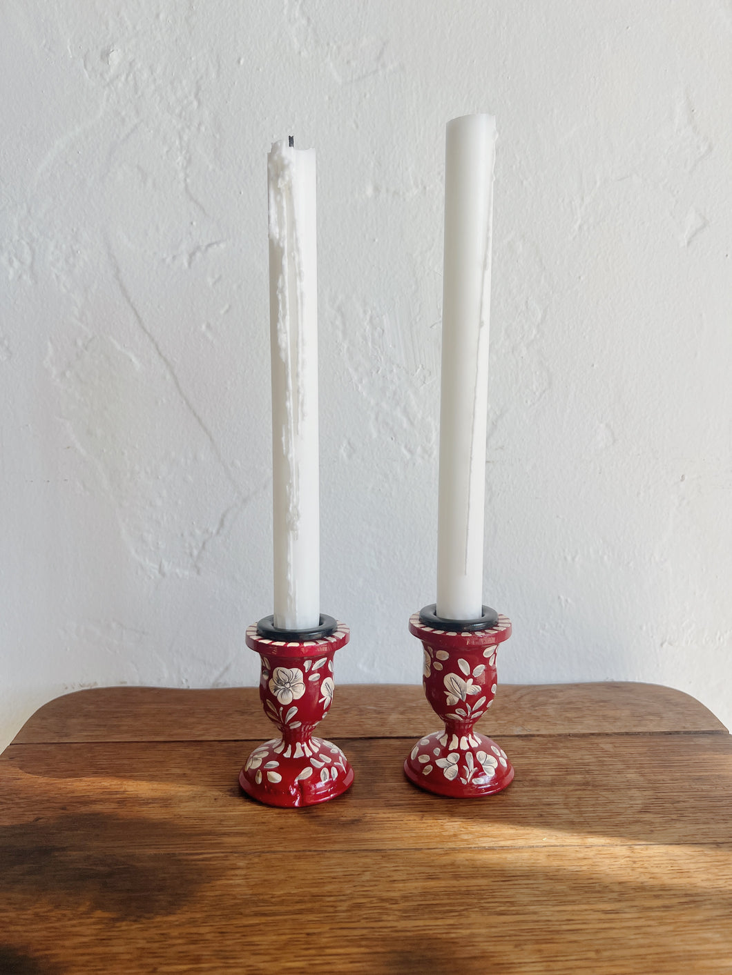 Scandinavian Hand-Painted Taper Holder in Red, White & Grey (Petite)