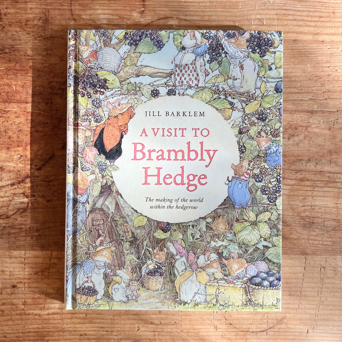 Cover of A Visit to Brambly Hedge by Jill Barklem, showing mice gathering blackberries among leafy hedgerow branches.

