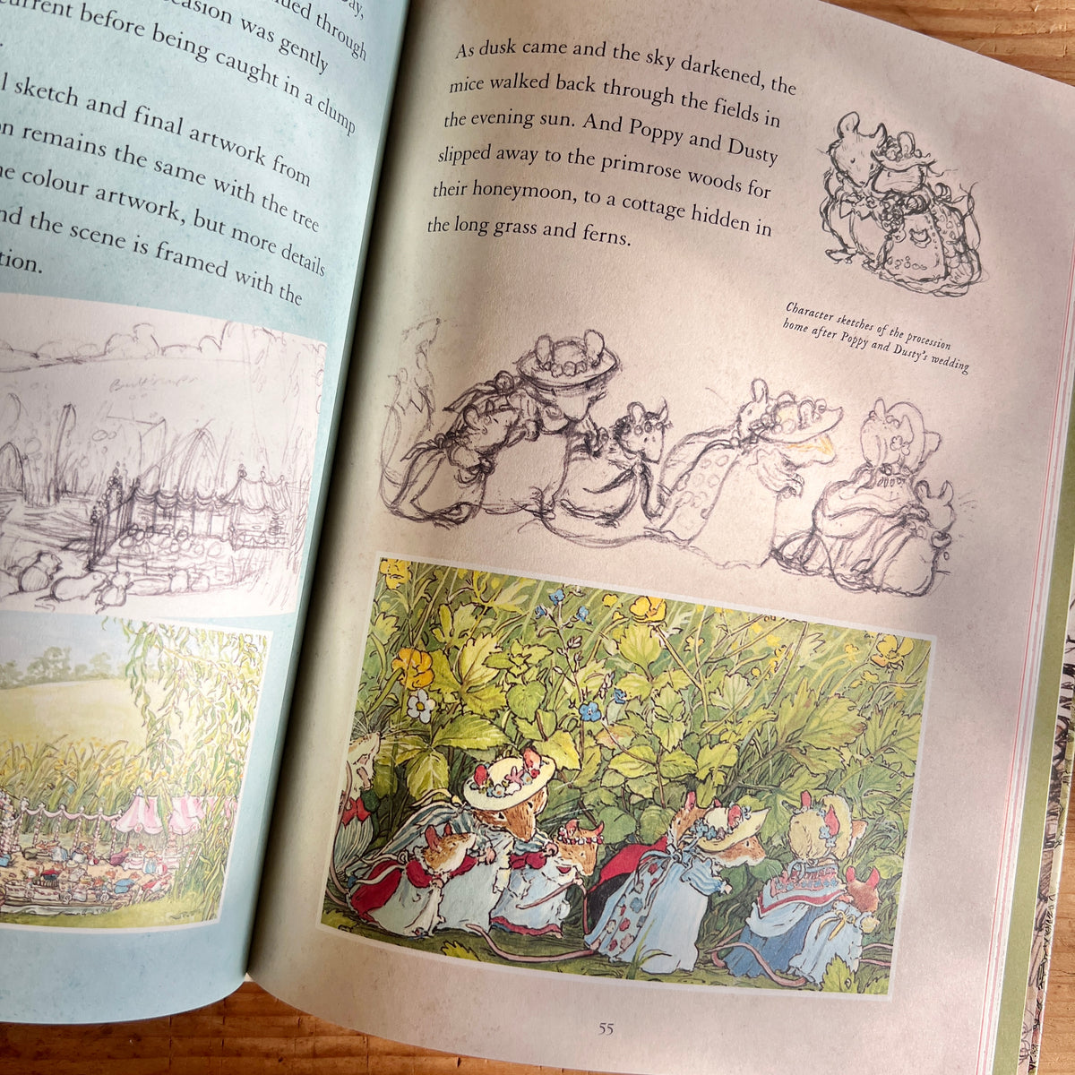 Open pages of A Visit to Brambly Hedge comparing pencil sketches of a mouse wedding procession with the finished color illustration.
