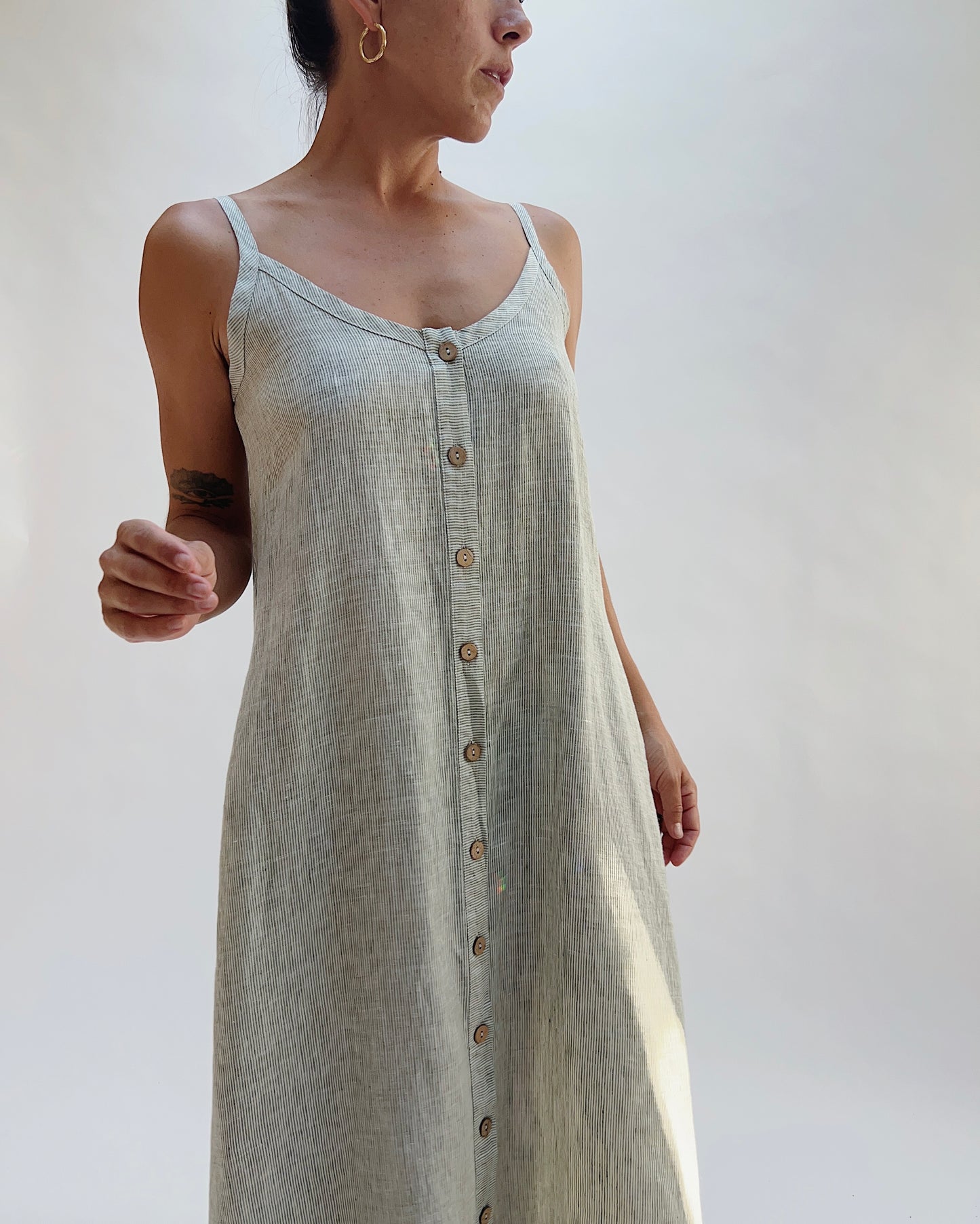 Button Front Dress in Sage Pinstripe Stripe