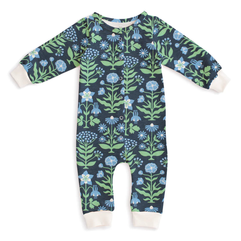 Winter Water Factory | French Terry Jumpsuit in Blockprint Floral Blue & Green