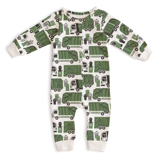 A baby long-sleeve footless one-piece jumpsuit with an all-over green garbage truck pattern on a white background.