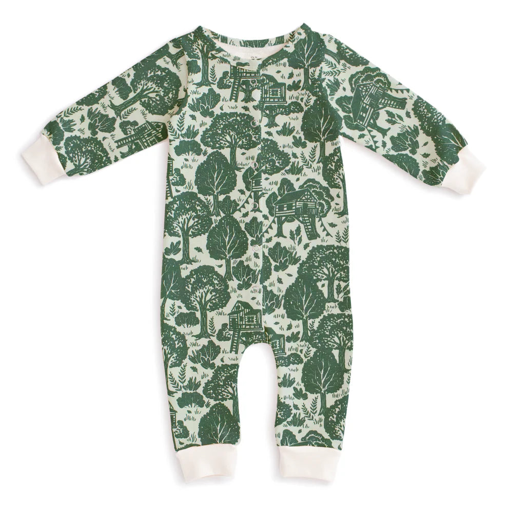 Winter Water Factory | French Terry Jumpsuit in Green Treehouses
