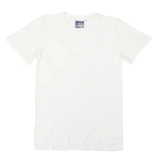 Jungmaven Jung Tee in Washed White, a classic slim-fit crewneck tee with a slightly slubby texture, shown flat on a white background with the Jungmaven "American Made" label visible at the collar