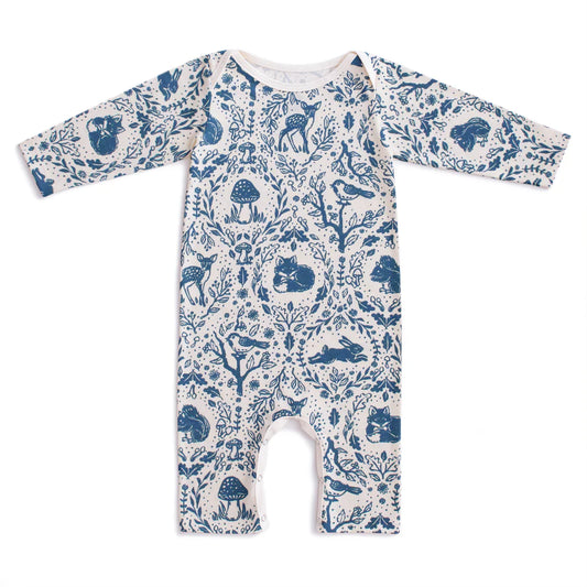 Baby onesie with blue forest animal pattern on a white background