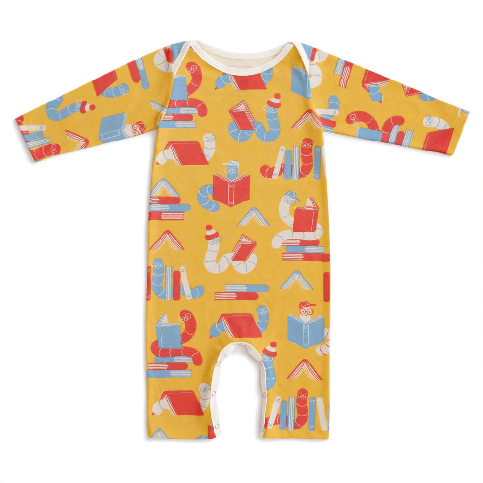 Winter Water Factory | Long Sleeve Romper in Yellow Bookworms