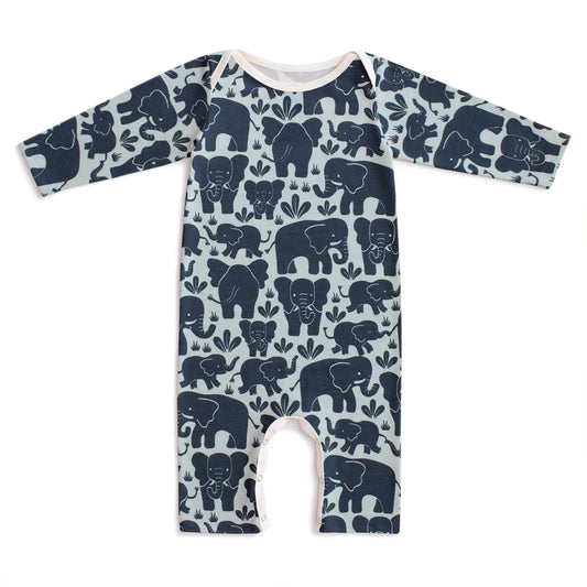 A long-sleeve baby footless romper with an all-over navy blue elephant pattern on a light gray background, shown flat against a white background.
