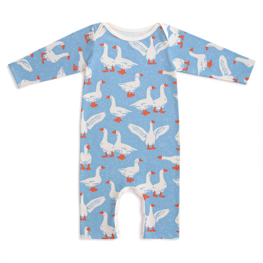 Long Sleeve Romper in Silly Geese Blue