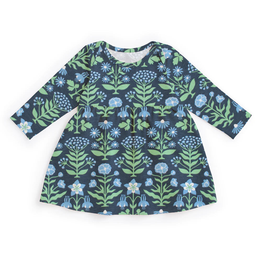 Winter Water Factory | Lausanne Baby Dress in Blue and Green Floral Blockprint