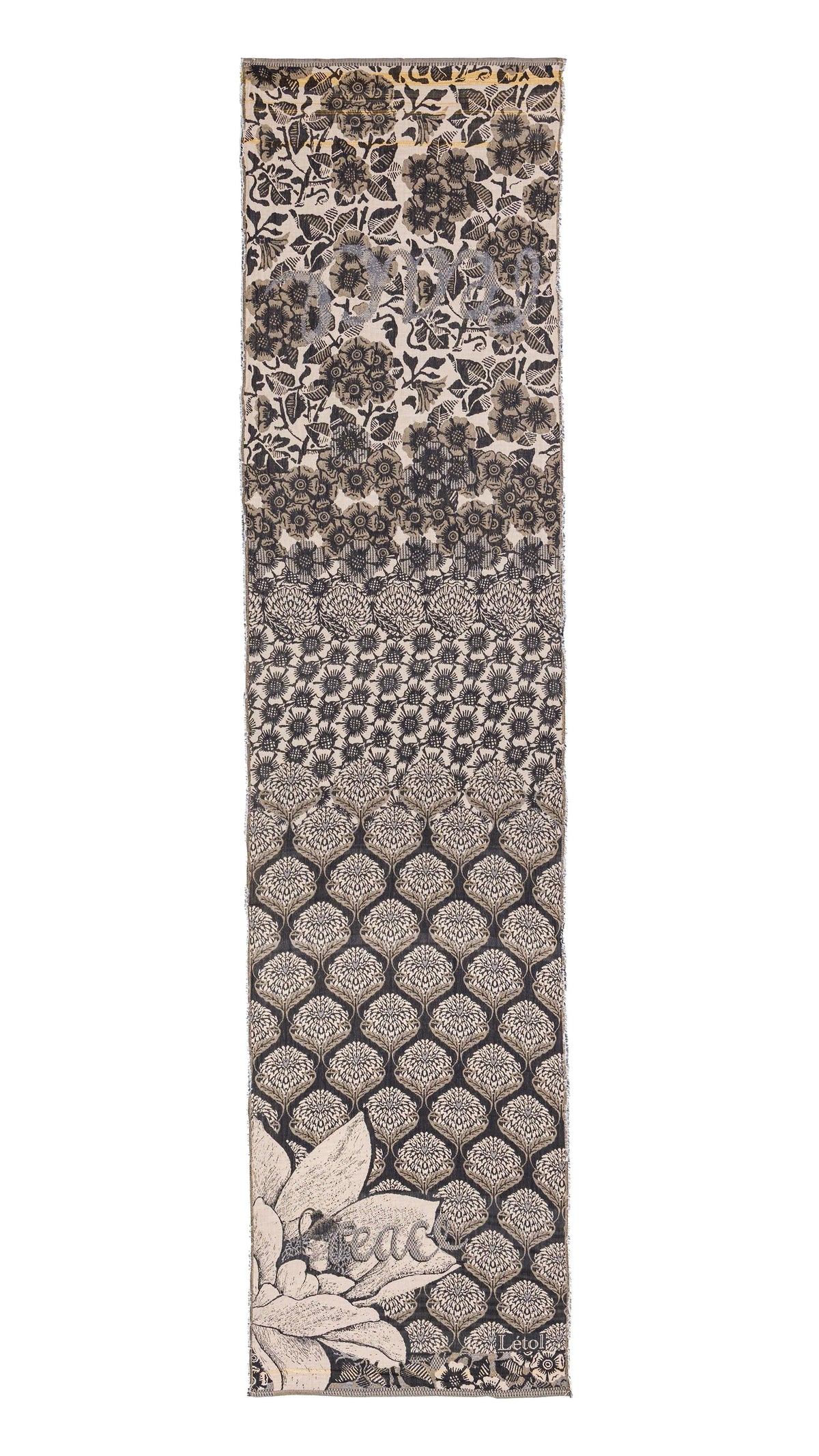 Létol Louise Scarf in Noir, laid flat and fully extended against a white background, showing the full length of the scarf with a dramatic gradient composition — the top third in a dense black floral and bird print on an off-white ground, transitioning through a charcoal geometric chrysanthemum band, then a deeper taupe ogee lattice zone with tree-of-life fills, deepening into a rich dark charcoal ogee pattern at the base with a large Jacquard-woven magnolia motif and the Létol signature in the lower corner,