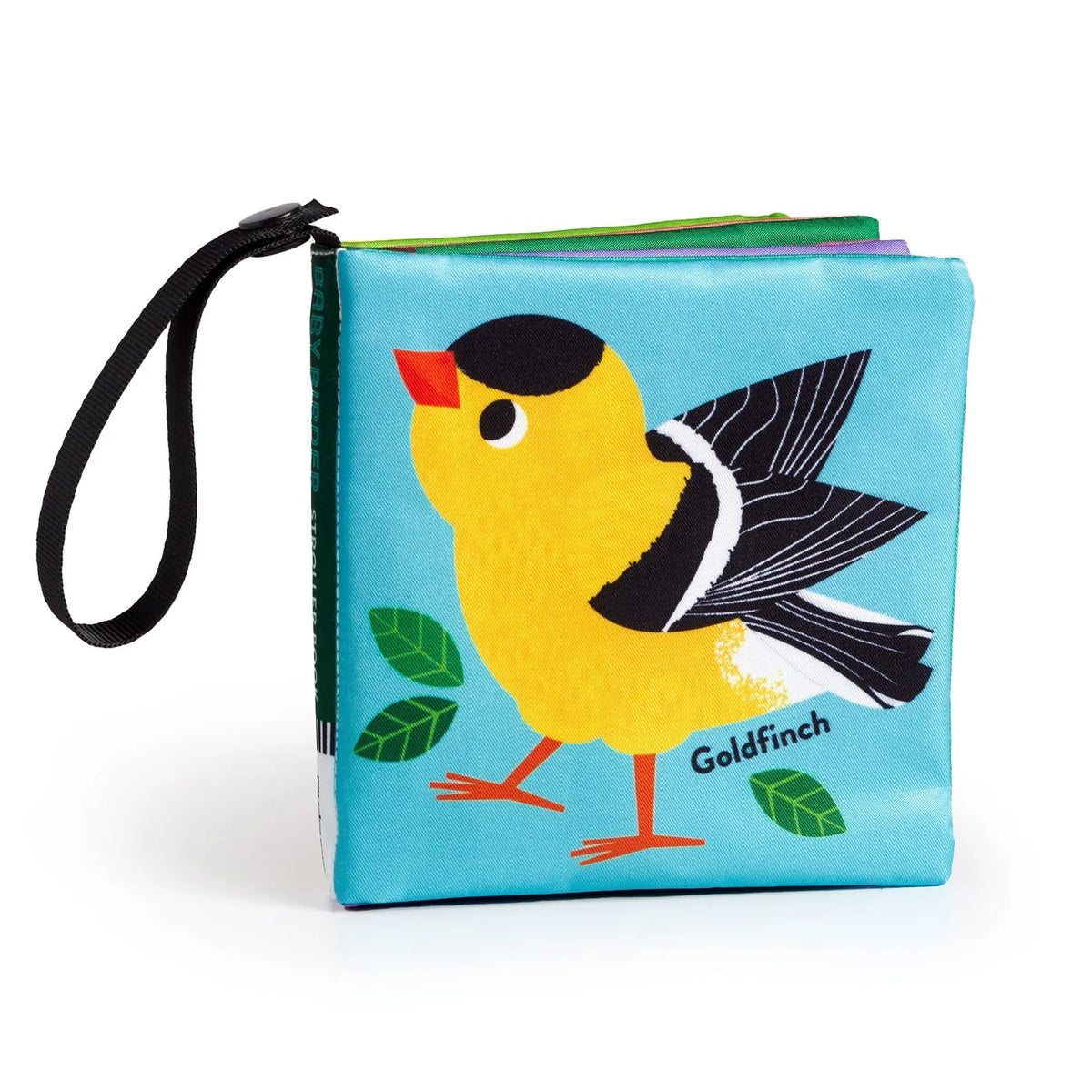 Baby Birder soft fabric stroller book with a yellow goldfinch on a turquoise cover and a black attachment strap.
