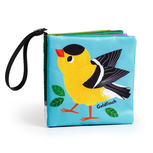 Baby Birder soft fabric stroller book with a yellow goldfinch on a turquoise cover and a black attachment strap.
