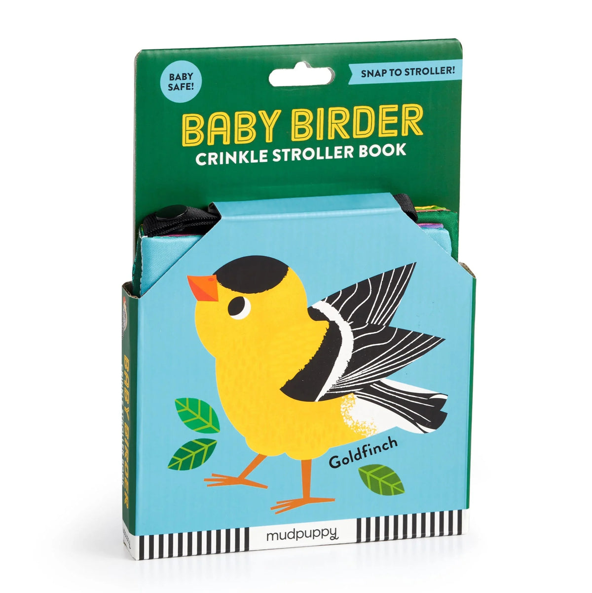 Mudpuppy Baby Birder Crinkle Stroller Book in green retail packaging, showing the illustrated goldfinch cover.
