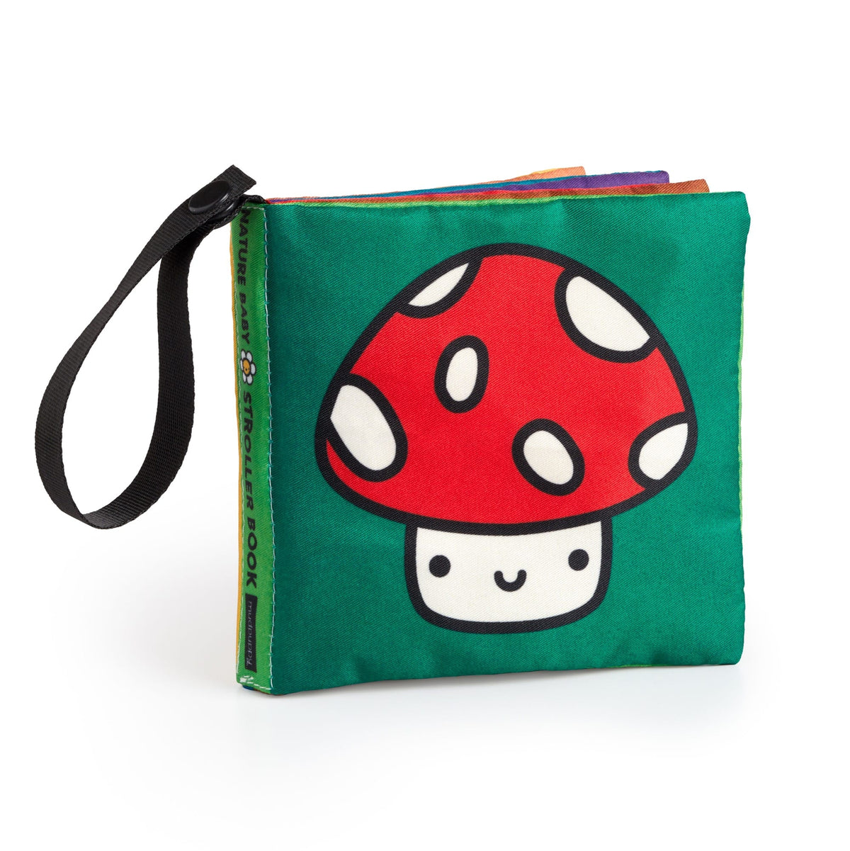 Nature Baby soft fabric stroller book with a smiling red-and-white mushroom on a green cover and a black attachment strap.
