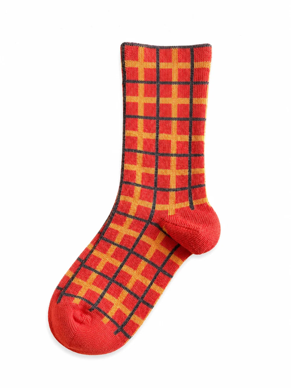 Orange children's crew sock with yellow and dark gray plaid lines, shown flat against a white background.
