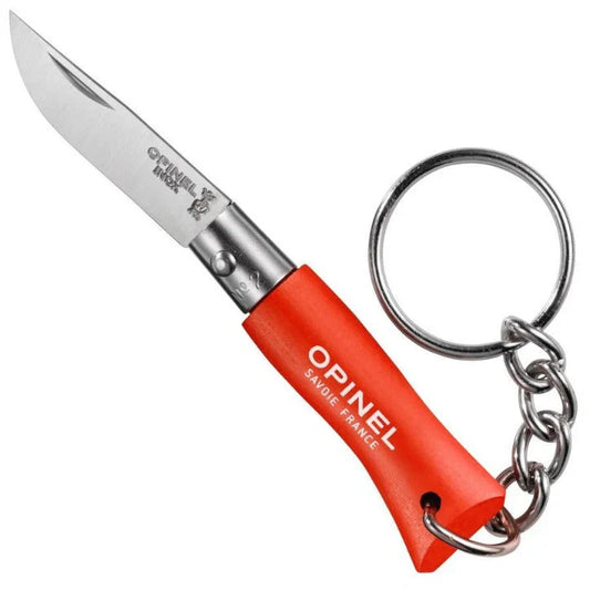 Opinel No.02 miniature folding knife open in orange with stainless steel blade and attached metal keychain ring