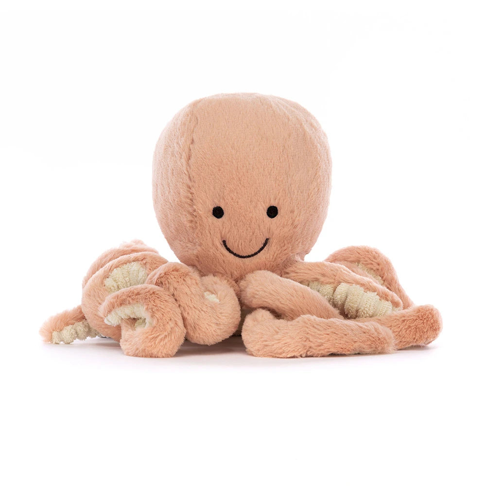Jellycat Little Odell Octopus, straight-on front view showing embroidered eyes, a stitched smile, and curled arms.
